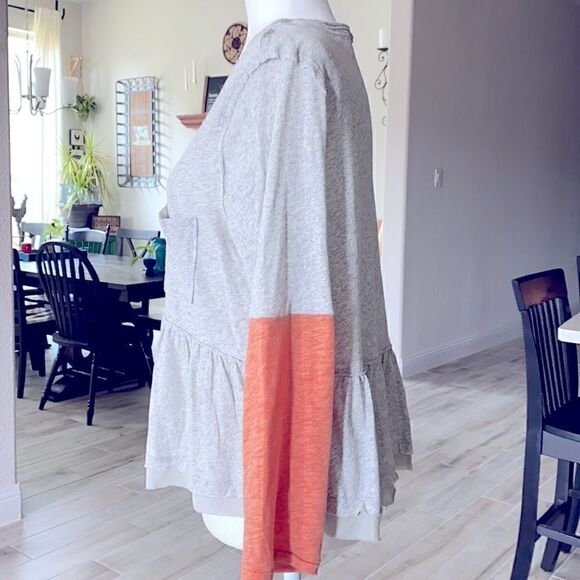Free People Baby Doll Top Gray Orange /Peach Large V Neck Pocket Cotton - Picture 6 of 10